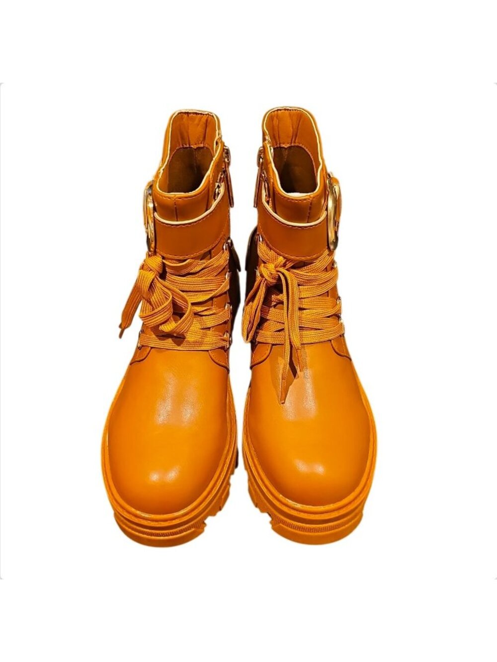 Chunky Tan Combat Boots With Buckles & Zipper Design For Women - Picture 8 of 9